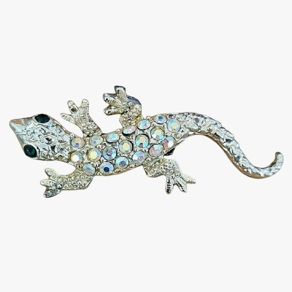 Dazzling Rhinestone Lizard on Goldtone with Green Eyes Brooch Bling Pin